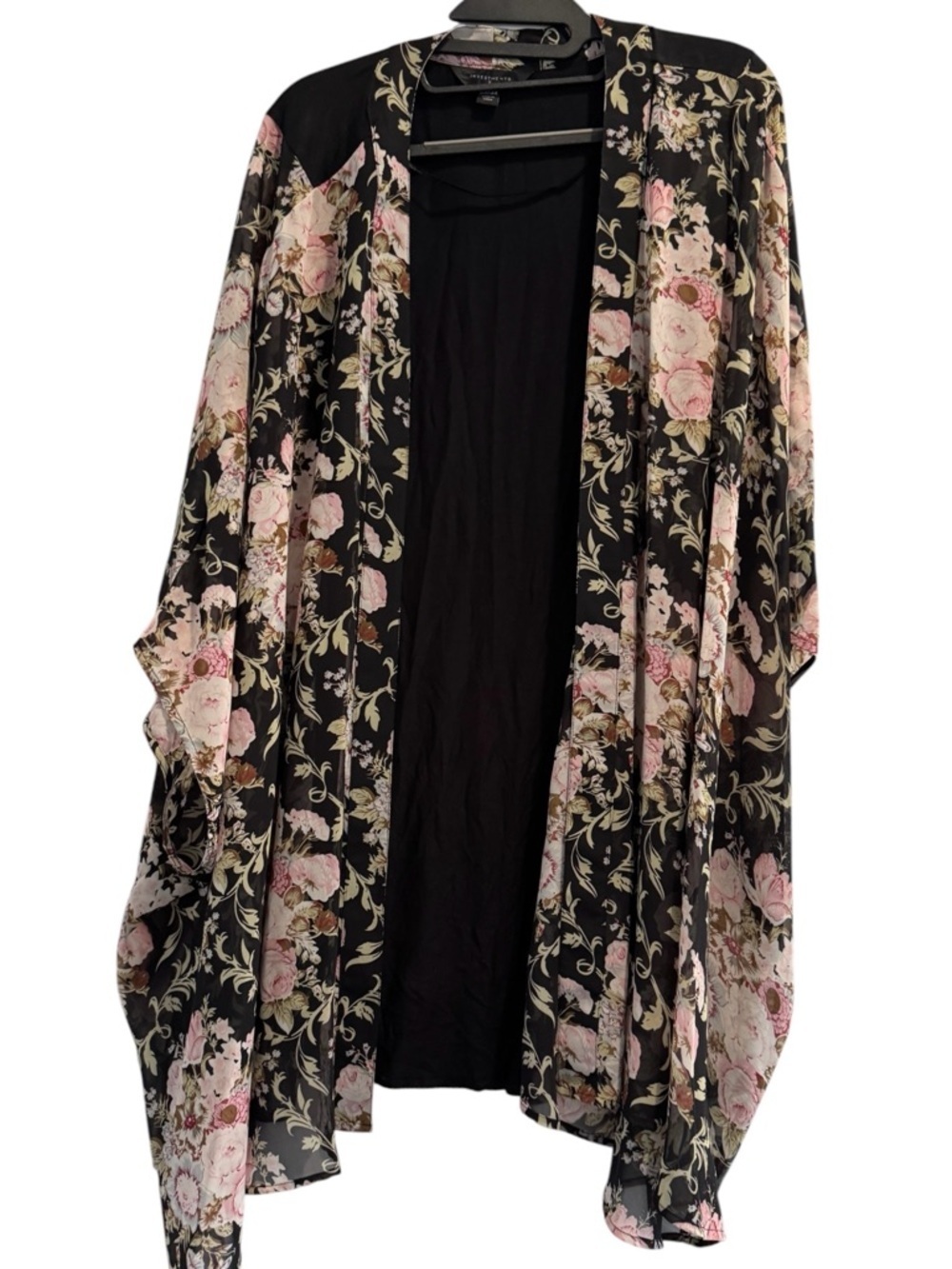 Investments II Black Floral Sheer Kimono Cover-Up with Pink Roses 2X/3X